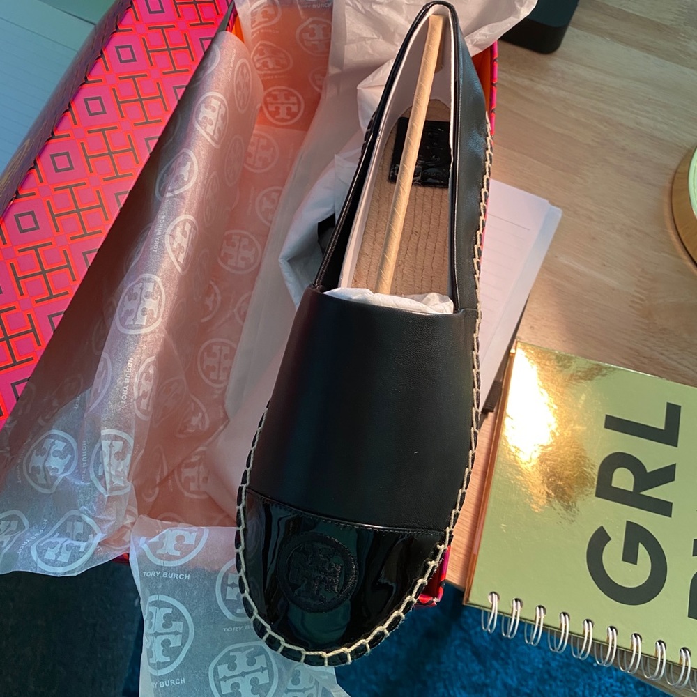 Tory Burch Black Leather Espadrille Flats